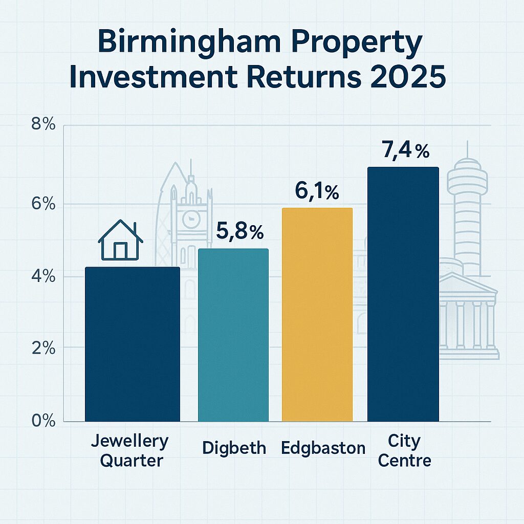 Property for sale Bar chart showing projected Birmingham property market investment returns for 2025: Jewellery Quarter 4.9%, Digbeth 5.8%, Edgbaston 6.1%, and City Centre 7.4%. City Centre leads, highlighting strong buy-to-let potential in regeneration areas. Presented by Palace Auctions