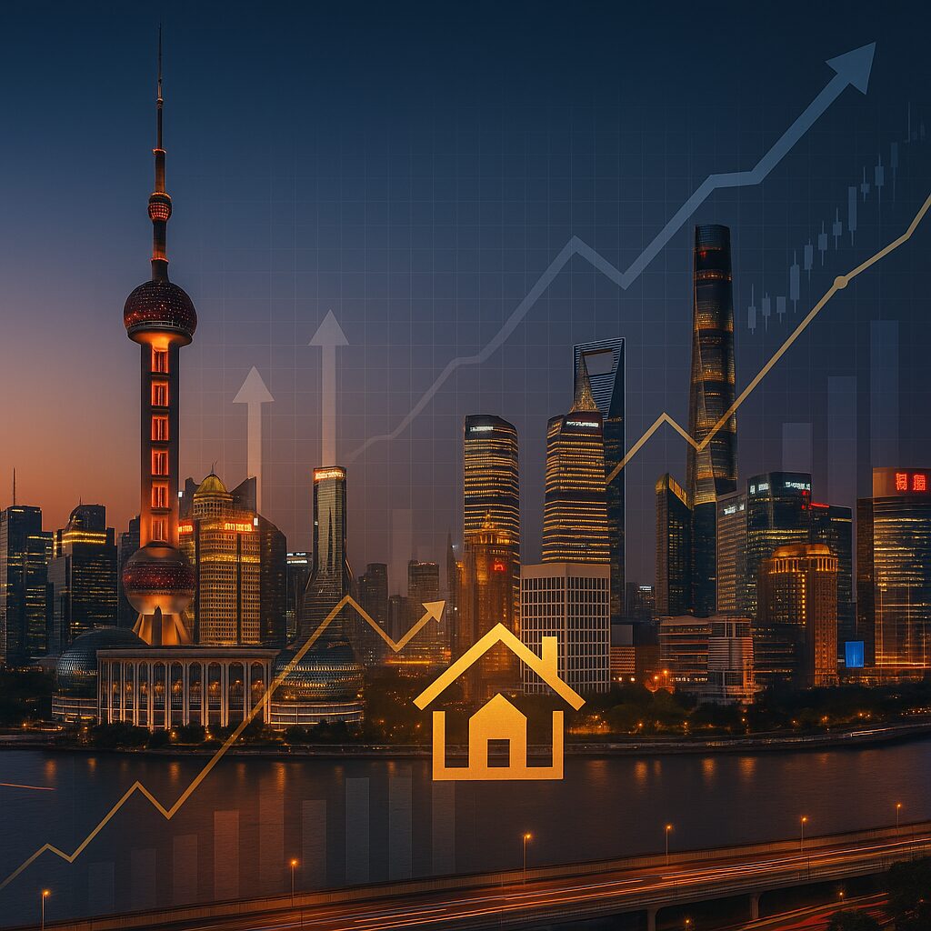 A city skyline at dusk with graph lines, upward arrows, and a house icon overlay, symbolizing the Beijing property market’s growth and rising property values. Presented by Palace Auctions