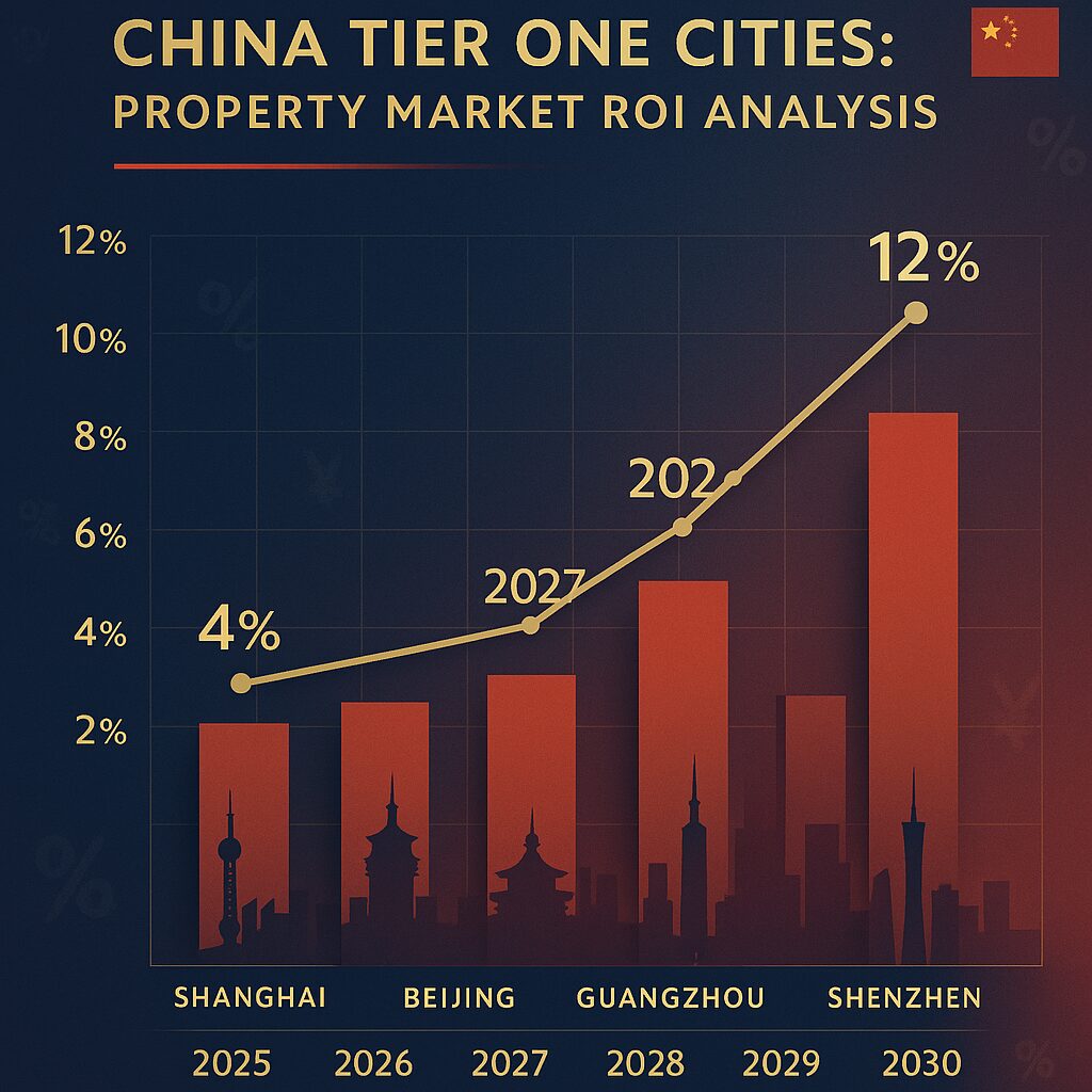 Bar and line chart titled "China Tier One Cities: Property Market ROI Analysis" highlights the growth of China's Real Estate Market from 2025 to 2030, with Shanghai property investment and Shenzhen peaking at a 12% ROI by 2030. Presented by Palace Auctions
