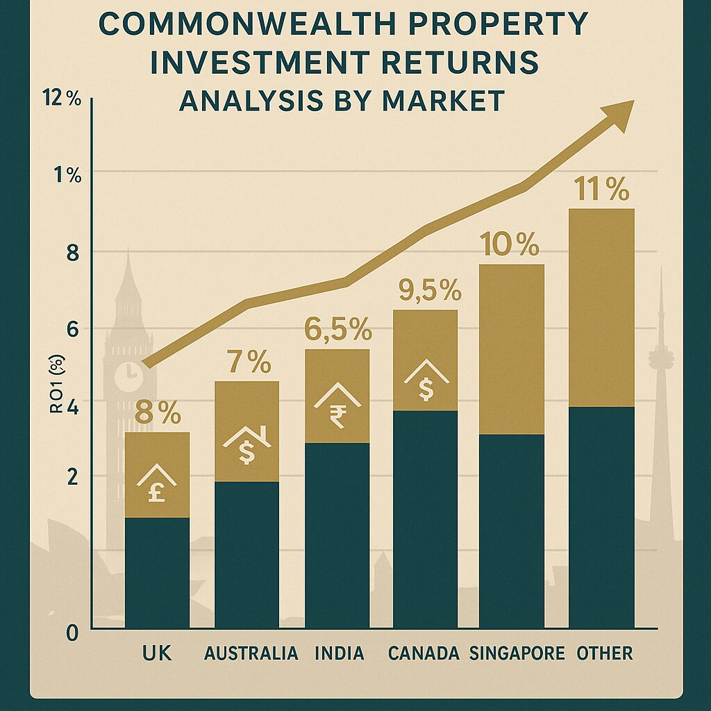 Bar chart showing Commonwealth real estate markets' investment returns by region—UK: 8%, Australia: 7%, India: 6.5%, Canada: 9.5%, Singapore: 10%, Other: 11%. City skyline icons highlight each country's unique property investment opportunities. Presented by Palace Auctions
