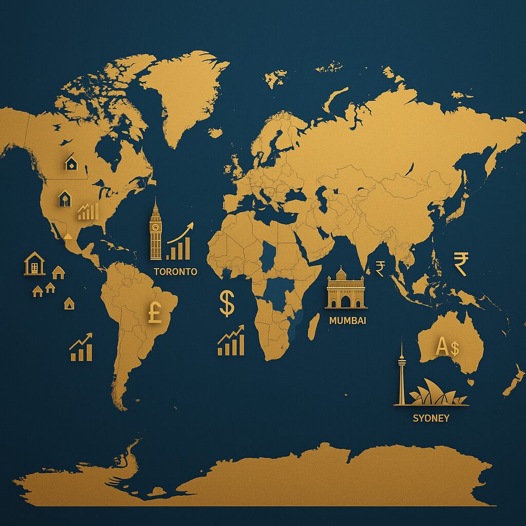 A gold world map on a blue background with icons for real estate, finance, and growth. Toronto, Mumbai, and Sydney—key hubs for real estate in the Commonwealth—are highlighted with currency symbols and famous landmarks. Presented by Palace Auctions
