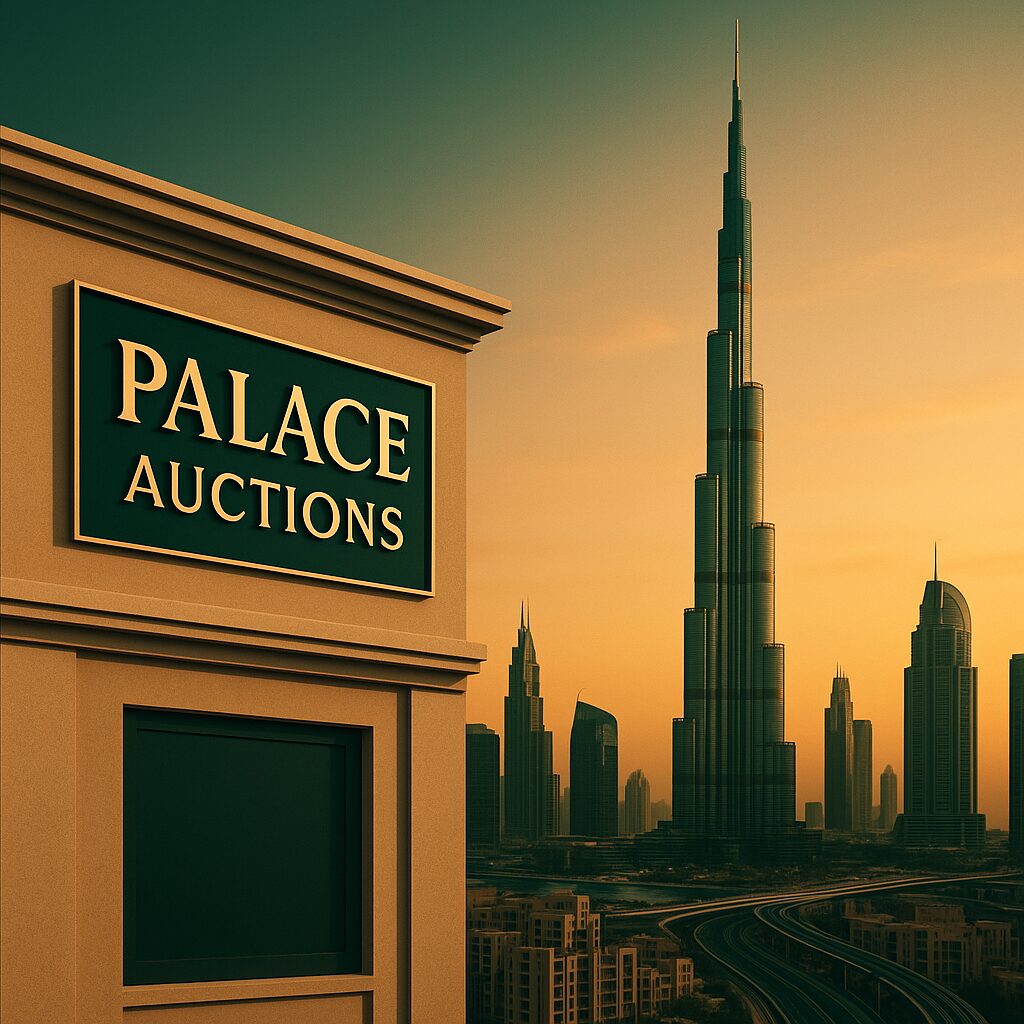 Property for sale A building with a sign reading "Palace Auctions" stands in the foreground, while a modern city skyline with the Burj Khalifa—iconic for Dubai property auctions—rises at sunset in the background. Presented by Palace Auctions