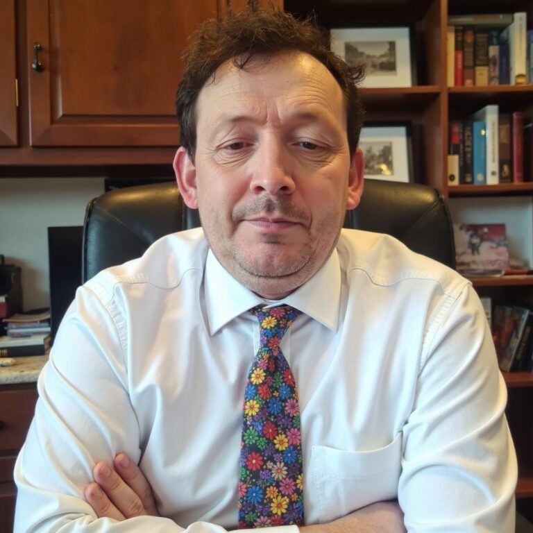 Property for sale A man with wavy brown hair sits at a desk in an office, wearing a white shirt and colorful floral tie. Part of the Palace Auctions team, he has his arms crossed, with bookshelves and framed photos visible in the background. Presented by Palace Auctions