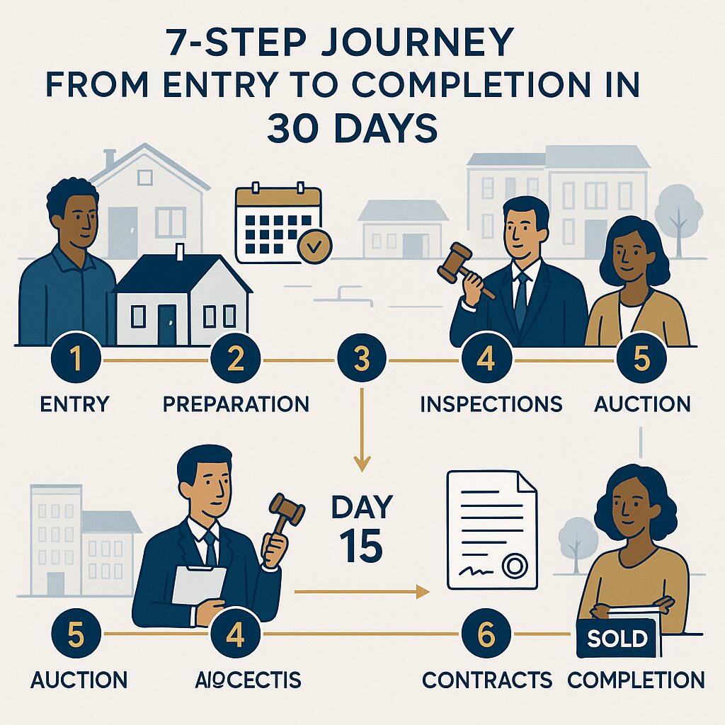 Property for sale Infographic showing a 7-step home buying process in 30 days: Entries invited at Palace Auctions, Preparation, Inspections (day 15), Auction, Acceptance, Contracts, and Completion—all illustrated with people, houses, and step-by-step symbols. Presented by Palace Auctions