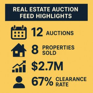 Property for sale Infographic titled "Real Estate Auction Feed Highlights" features 12 auctions, 8 properties sold, $2.7M in sales, and a 67% clearance rate. Get the latest property bidding updates with clear icons on a vibrant yellow background. Presented by Palace Auctions