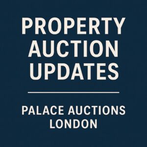 Property for sale Text on a dark blue background reads: "PROPERTY AUCTION UPDATES" with a line below, followed by "PALACE AUCTIONS LONDON" in capital letters, bringing you the latest London auction news. Presented by Palace Auctions