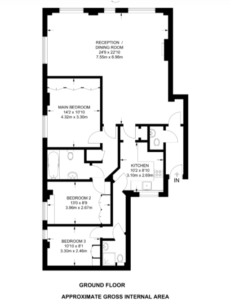 Property for sale Black and white floor plan of a Central London flat W2, featuring three bedrooms, a kitchen, reception/dining room, two bathrooms, and entry marked "IN" on the right. Room dimensions are labeled throughout. Presented by Palace Auctions