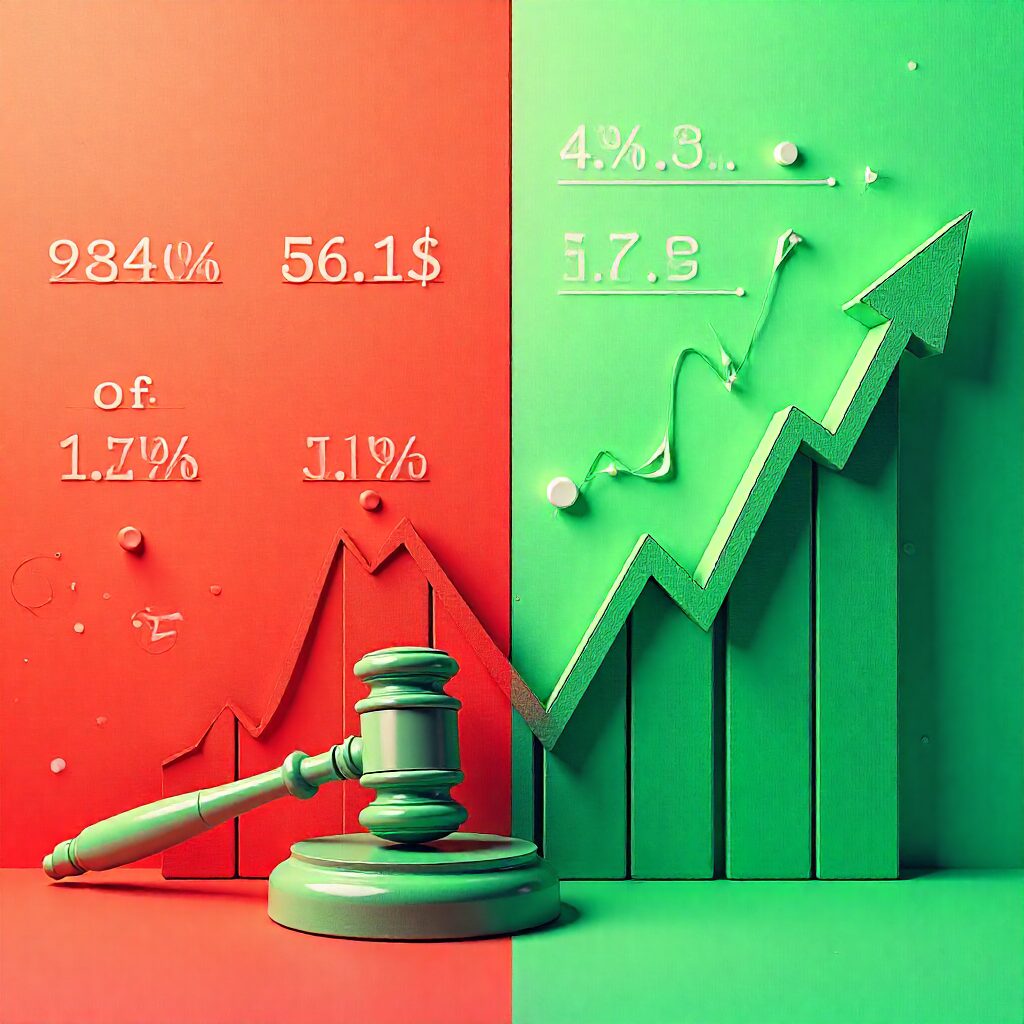 Property for sale A split image compares financial decline on the red left side with a gavel and falling graph, and financial growth on the green right side with a rising arrow and upward graph, capturing the dynamics of a Richmond property auction. Presented by Palace Auctions