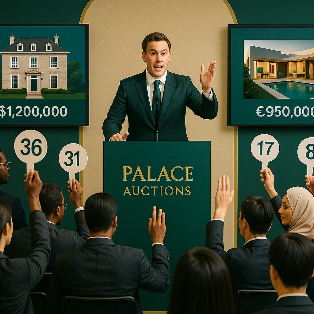 Property for sale An auctioneer stands at a podium labeled "Palace Auctions" as bidders raise paddles in a room with images and prices of London auction properties displayed on the wall behind him. Presented by Palace Auctions