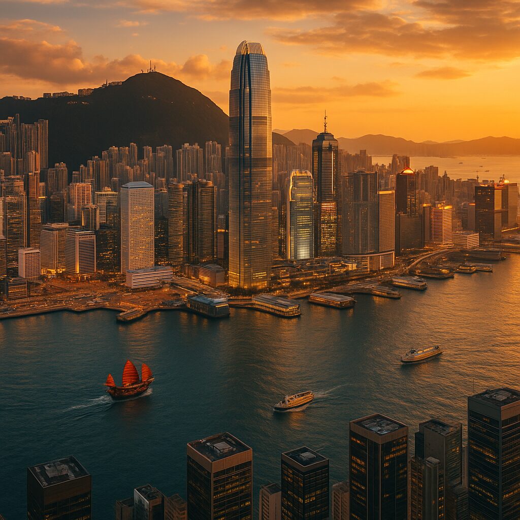 Aerial view of Hong Kong’s skyline at sunset, with tall skyscrapers—many influenced by recent Hong Kong real estate auctions—boats in the harbor, and mountains, all bathed in a warm golden glow. Presented by Palace Auctions