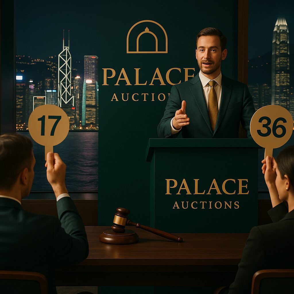 Property for sale An auctioneer stands at a podium labeled "Palace Auctions," with the Hong Kong city skyline, a renowned Asian Hub, behind. Two bidders raise paddles, 17 and 36, as the auction unfolds. A gavel rests on the desk in the foreground. Presented by Palace Auctions