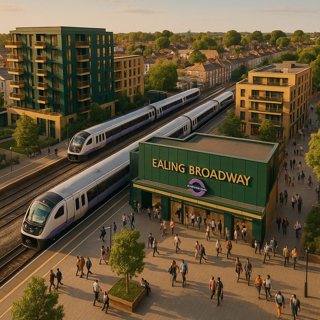 Property for sale A busy Ealing Broadway train station with two modern trains on parallel tracks, surrounded by green trees and apartment buildings, as many people—perhaps some eyeing upcoming Ealing property auctions—walk in and out of the station. Presented by Palace Auctions