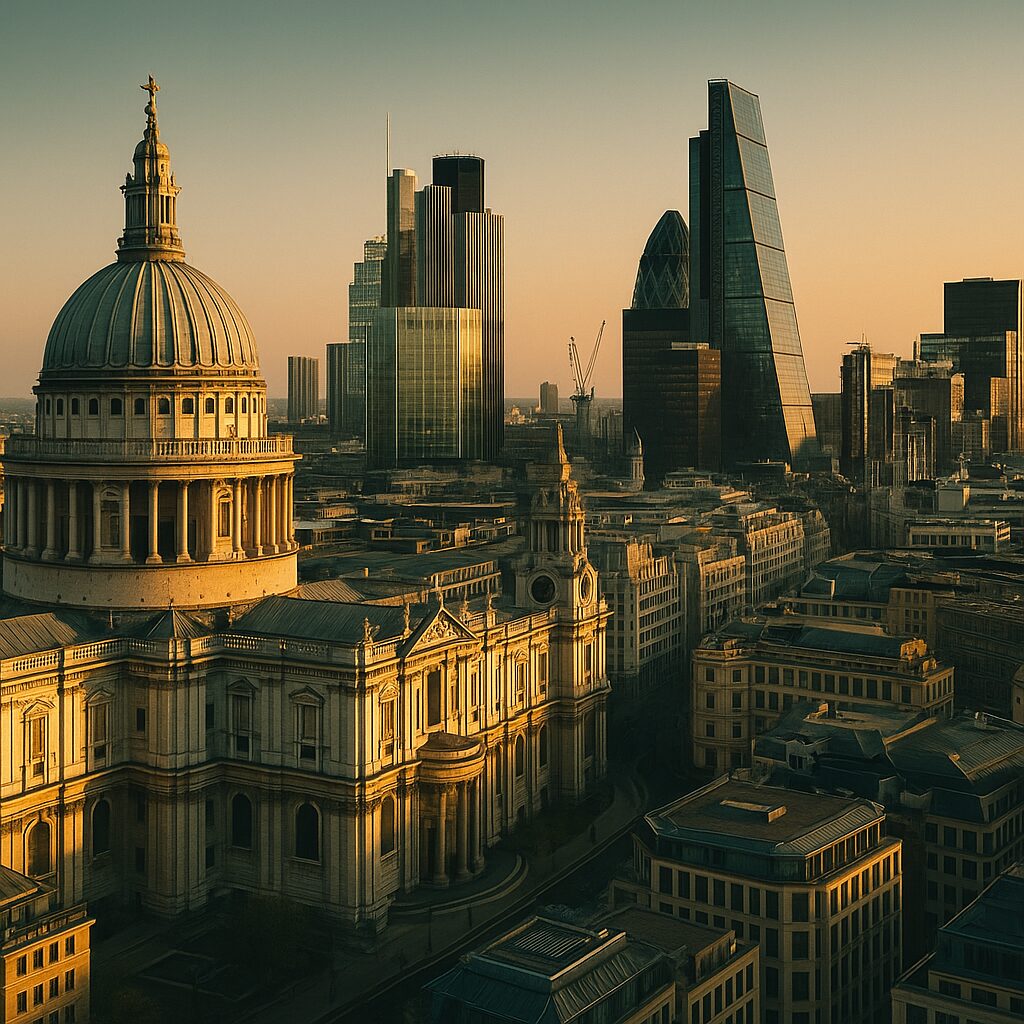 Property for sale A cityscape of London at sunset featuring St Paul's Cathedral in the foreground and modern skyscrapers like The Gherkin—reflecting the City of London regeneration—bathed in warm golden light. Presented by Palace Auctions