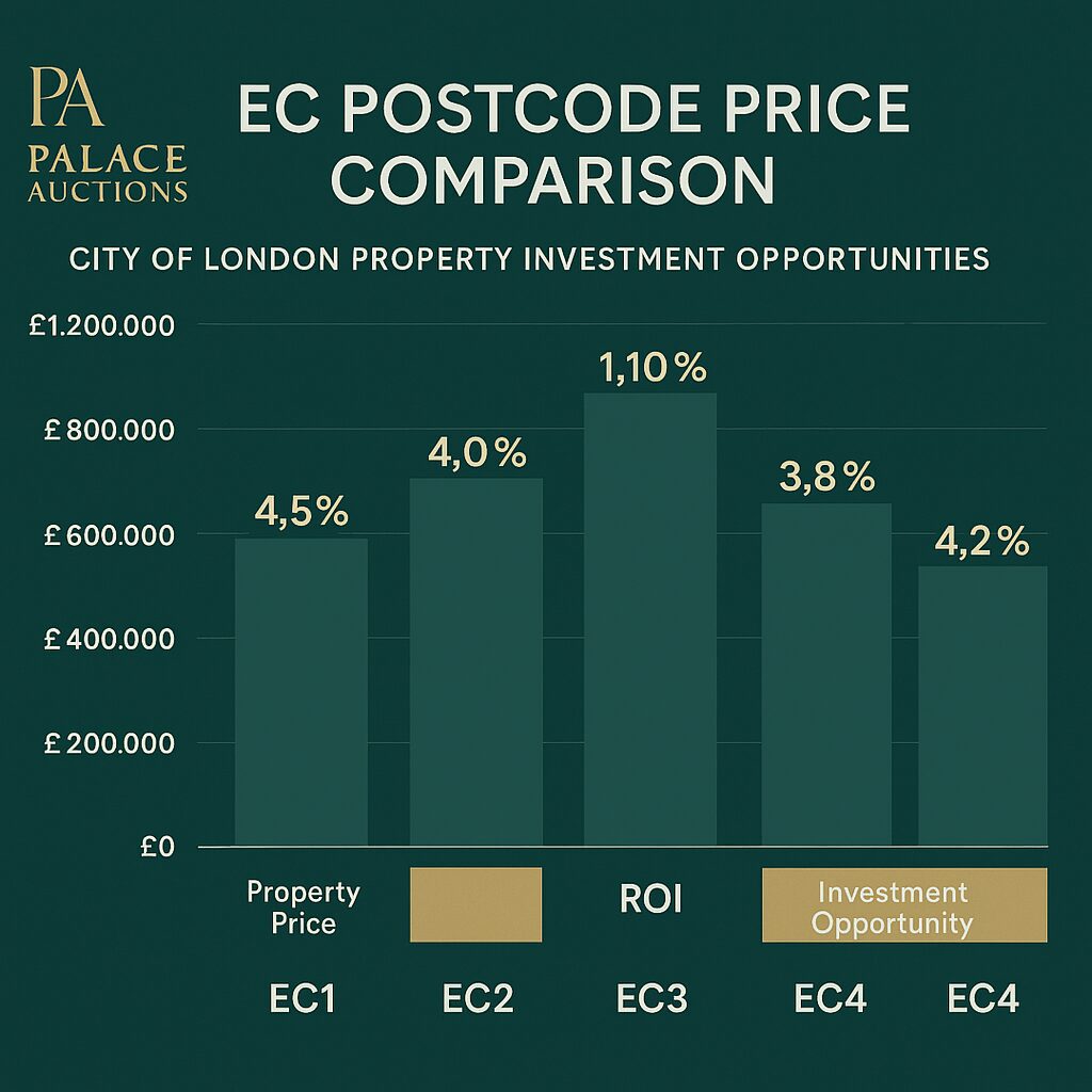 A bar chart titled "EC Postcode Price Comparison" shows property prices and ROI for EC1–EC4 in the Square Mile. EC3 has the highest ROI (5.3%), while EC2 has the lowest (4.0%). Palace Auctions logo appears at the top left. Presented by Palace Auctions