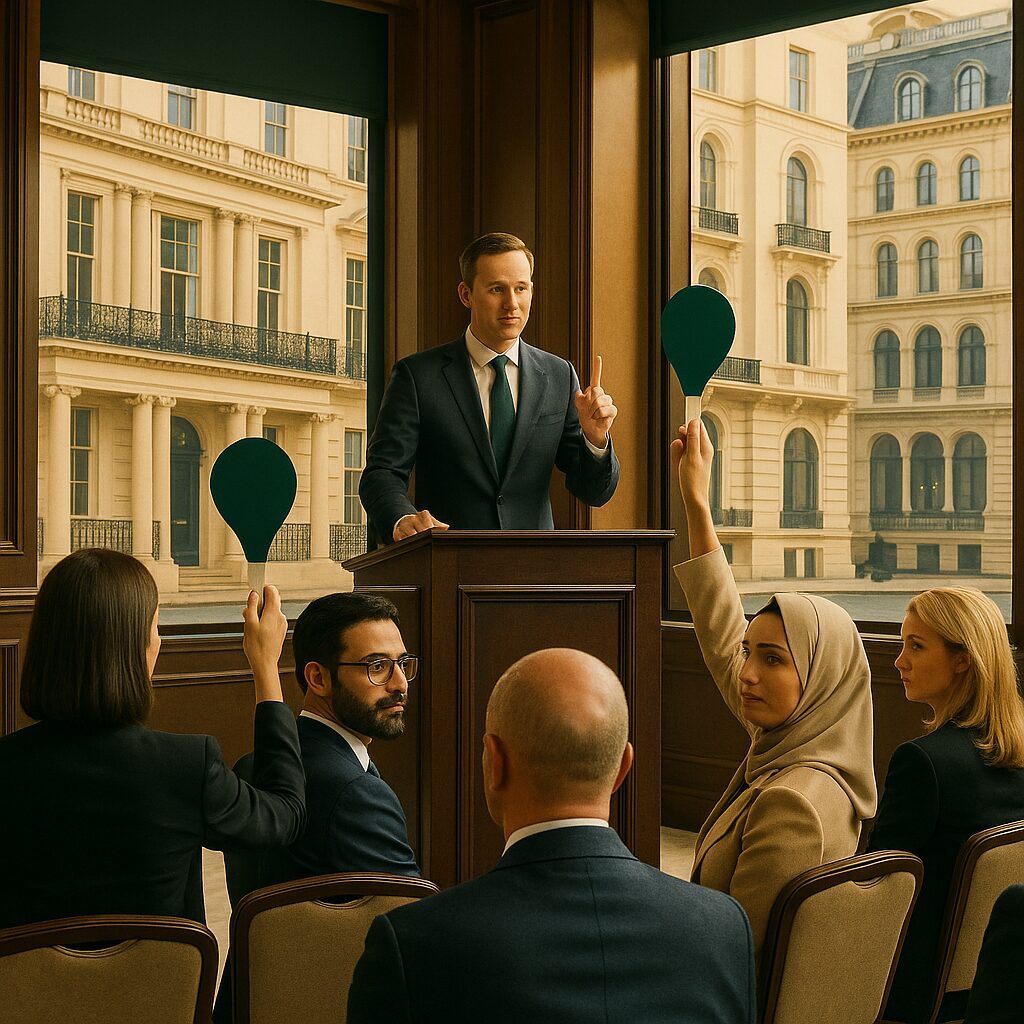 Property for sale A man in a suit stands at a podium in a formal room, speaking and raising one finger, while three seated people raise green paddles as part of an international property auction, with large windows showing classic buildings outside. Presented by Palace Auctions
