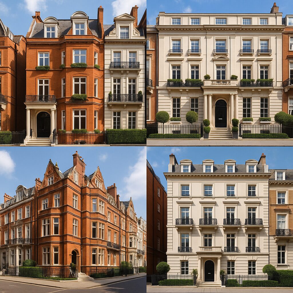 Property for sale Four elegant multi-story townhouses in London—perfect for those following Real Estate Investment Updates. Red brick exteriors and cream stone facades shine under blue skies, blending classic charm with refined details and modern luxury. Presented by Palace Auctions
