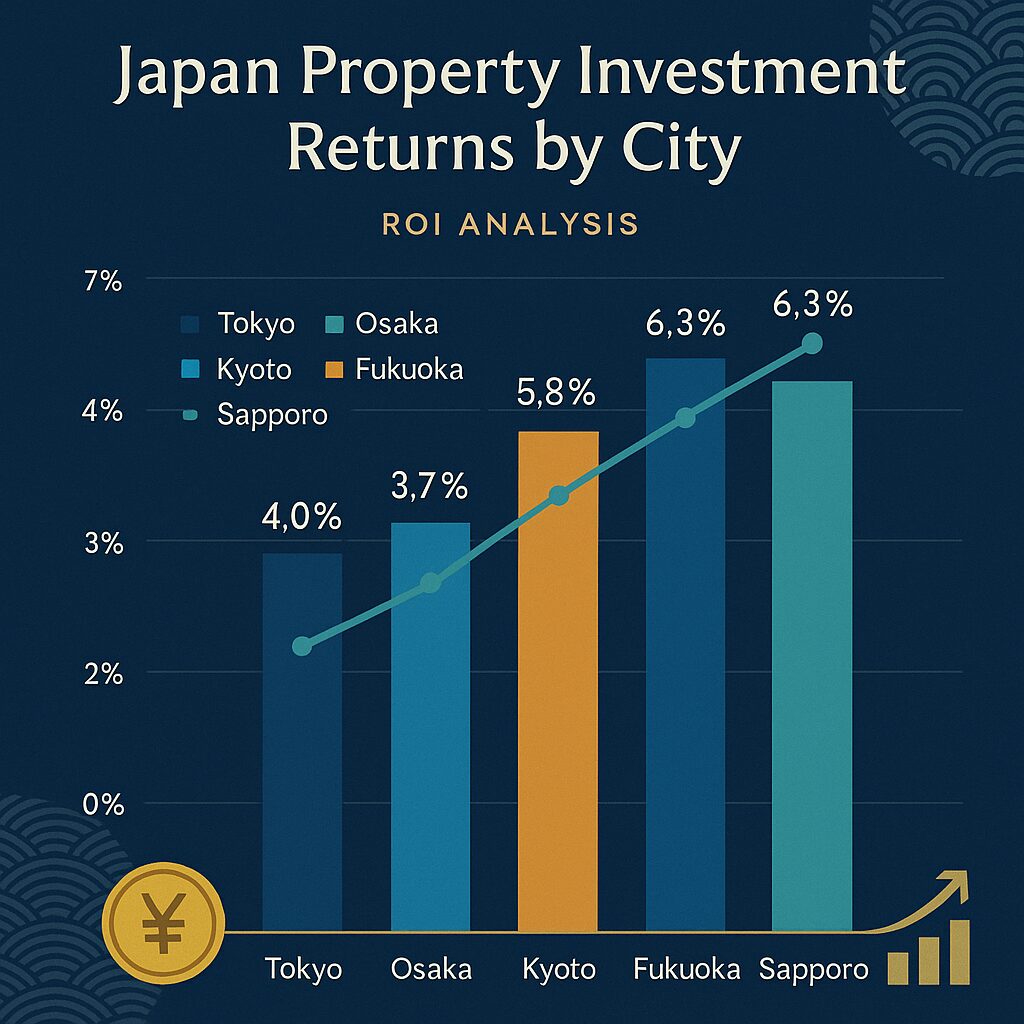 Bar and line graph showing Japan property yields by city. Sapporo and Fukuoka lead with 6.3% ROI, while Kyoto, Osaka, and the Tokyo property market 2025 trail behind—valuable insights into the Japan real estate market 2026. Presented by Palace Auctions