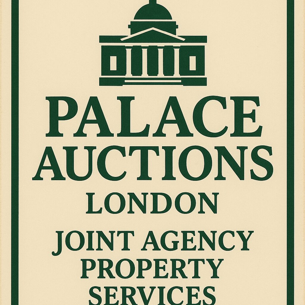 Property for sale A sign with a building icon and green text reads: "PALACE AUCTIONS LONDON JOINT AGENCY PROPERTY SERVICES," highlighting joint agency property services London, on a cream background with a green border. Presented by Palace Auctions