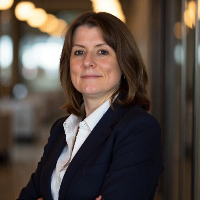 Julie Gibson Palace Auctions London Director with shoulder-length brown hair, wearing a dark blazer and white shirt, stands with arms crossed and smiles confidently—reflecting the professional spirit of the Palace Auctions team—in a softly lit indoor setting with blurred lights in the background. Presented by Palace Auctions