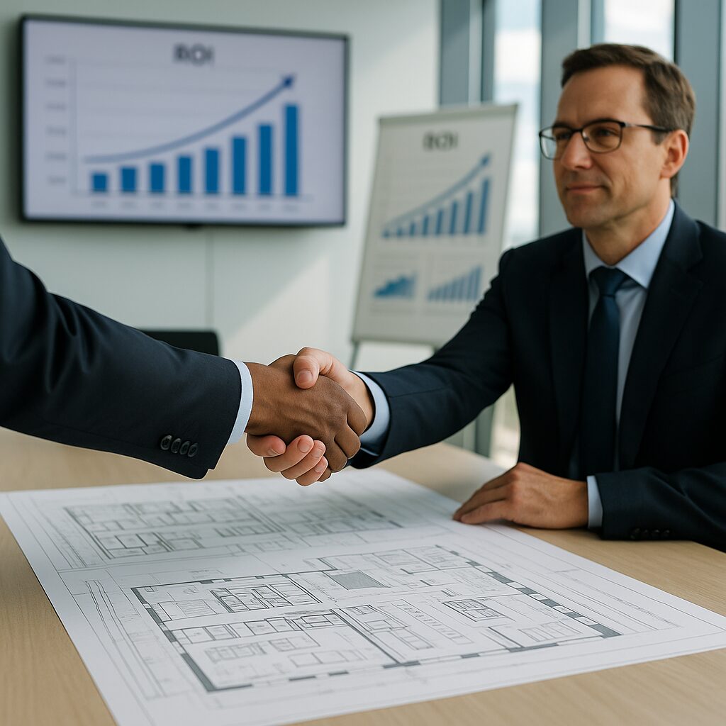 joint venture property partnerships Two businesspeople in suits shake hands over architectural blueprints in a modern office, highlighting Joint Venture Creation and Support at Palace Auctions London. Growth charts are displayed on a TV and easel, emphasizing partnership success. Presented by Palace Auctions