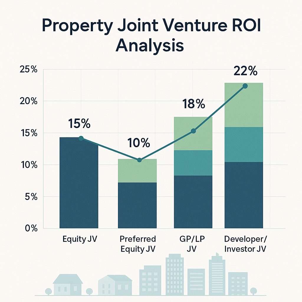 joint venture property partnerships A bar and line graph titled "Property Joint Venture ROI Analysis" compares ROI types: Equity JV at 15%, Preferred Equity JV at 10%, GP/LP JV at 18%, and Developer/Investor JV at 22%. City skyline icons below. Powered by Joint Venture Creation and Support at Palace Auctions London. Presented by Palace Auctions