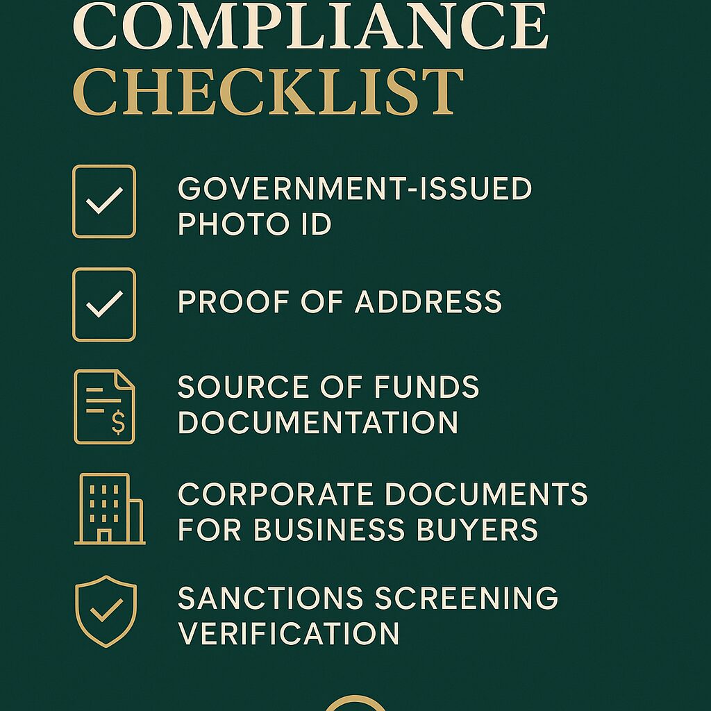 Property for sale A compliance checklist for property auction buyer verification on a green background with gold text and icons lists: government-issued photo ID, proof of address, source of funds, corporate documents, and anti-money laundering property auctions screening. Presented by Palace Auctions