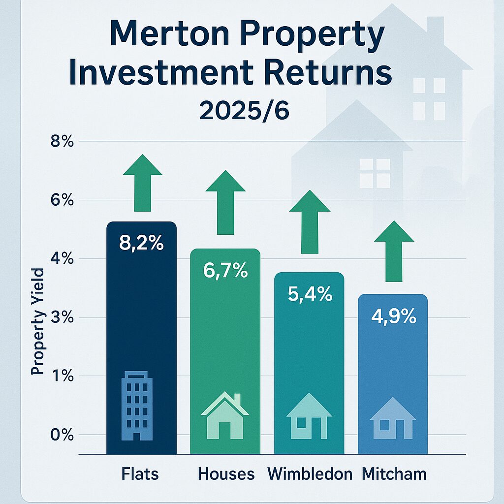 Property for sale Bar chart showing Merton property investment returns for 2025/6: Flats at 8.2%, Houses at 6.7%, Wimbledon at 5.4%, and Mitcham at 4.9%. Green upward arrows highlight rising yields from recent Merton property auctions. Presented by Palace Auctions