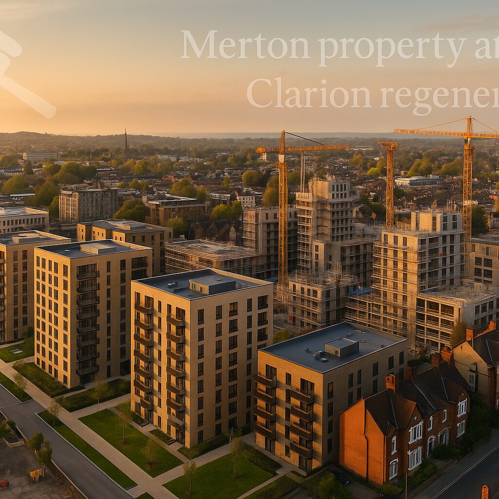 Property for sale Aerial view of modern apartment buildings and construction cranes in a residential area at sunset, with older houses in the foreground and a cityscape in the background—ideal for those interested in Merton property auctions. White text partially visible at the top. Presented by Palace Auctions