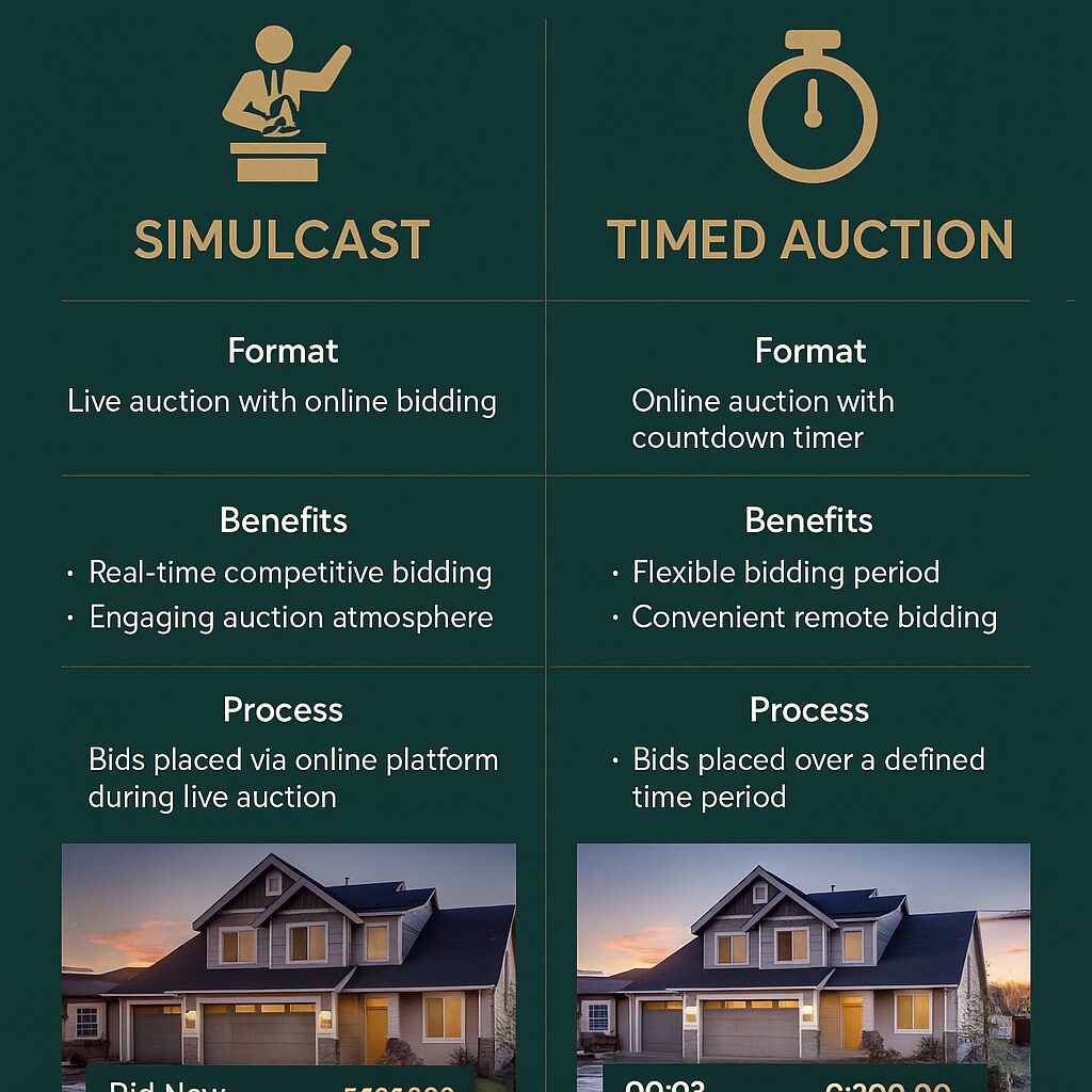 Property for sale Comparison chart of Simulcast and Timed Auction formats, highlighting how to bid at online Auctions. Shows benefits and processes for each, with images of houses, bid and timer icons. Dark green background with gold text. Presented by Palace Auctions