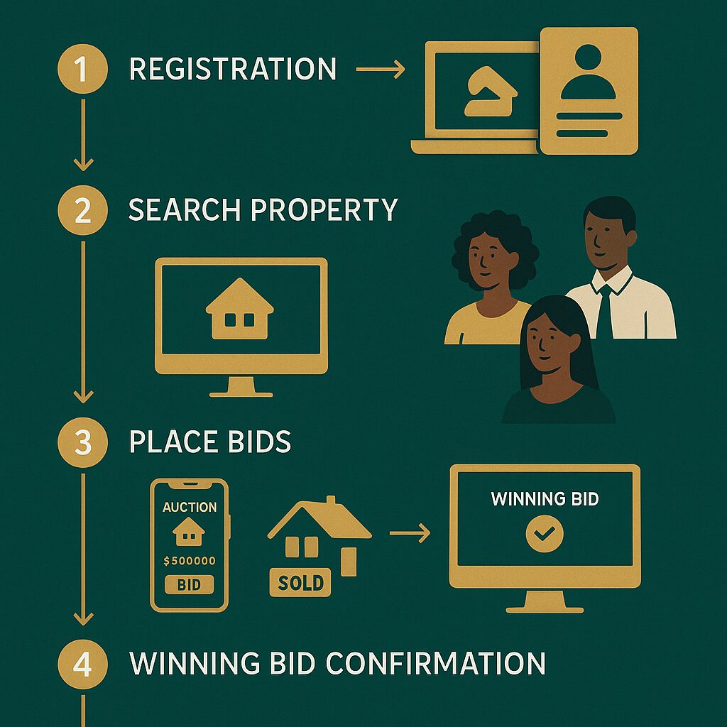 Property for sale A four-step property auction process: 1. Registration, 2. Search Property, 3. Place Bids at online Auctions, and 4. Winning Bid Confirmation—each step features icons like people, a computer, a house, and a mobile bid screen. Presented by Palace Auctions