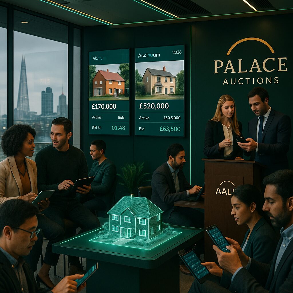 People participate in a modern real estate auction, using tablets and digital displays with house prices and bids, as a 3D model sits on the table. Large windows reveal city buildings, capturing the energy of London property investment auctions. Presented by Palace Auctions
