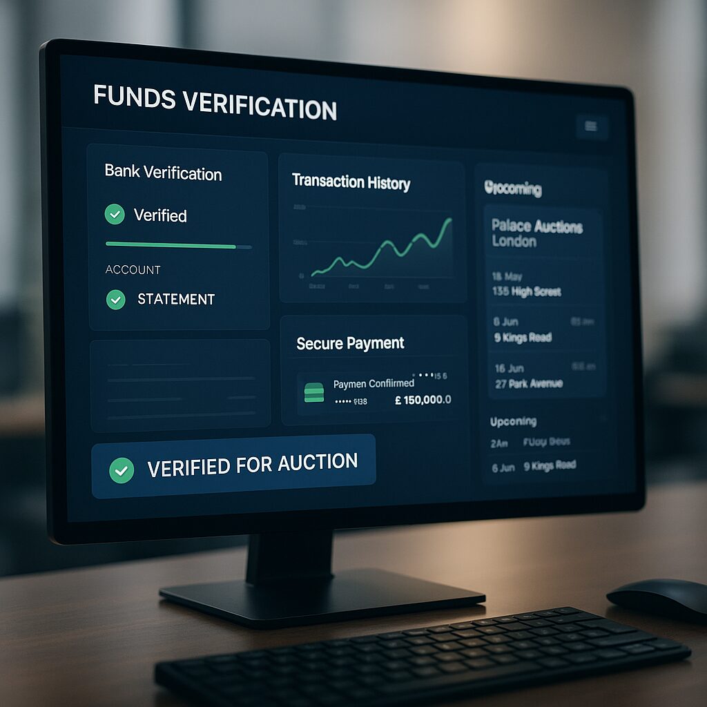 Property for sale A computer monitor displays a funds verification dashboard with bank verification, transaction history, secure payment details, and a notification that a proof of funds certificate is verified for an auction. Presented by Palace Auctions