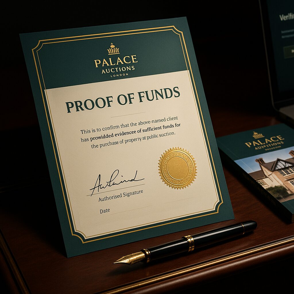 Property for sale A proof of funds certificate from Palace Auctions London is displayed on a desk with a pen and part of a laptop. The document features a gold seal, an authorized signature line, and formal text for verification purposes. Presented by Palace Auctions