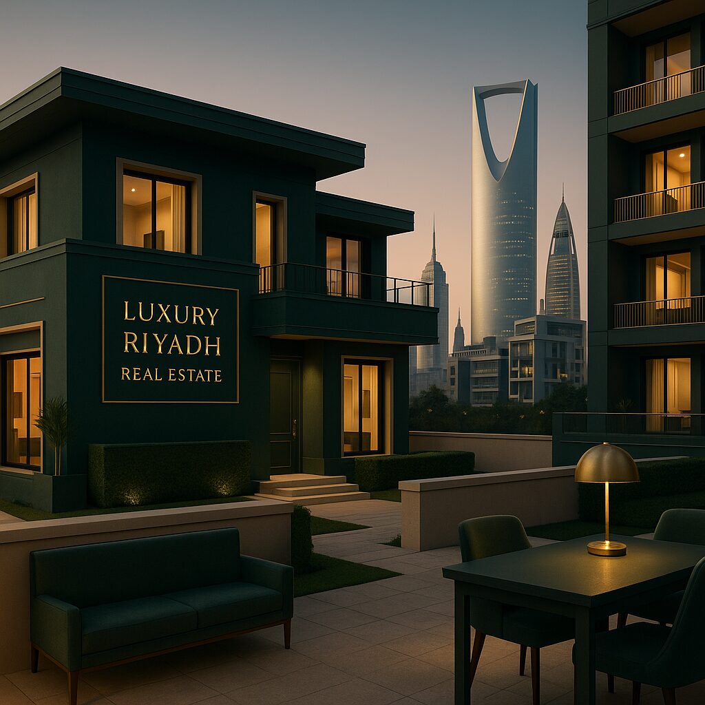 Property for sale Modern luxury real estate building in Riyadh with illuminated windows, outdoor seating, and cityscape views—including Kingdom Centre Tower and Al Faisaliyah Center—located near the Riyadh auction center at dusk. Presented by Palace Auctions