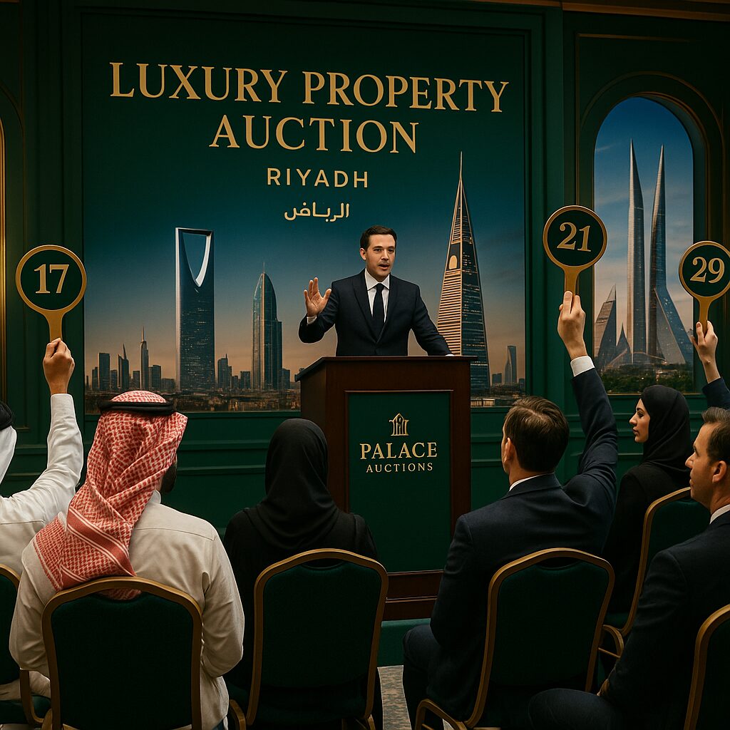 Property for sale An auctioneer stands at a podium labeled "Palace Auctions" in front of a "Luxury Real Estate Riyadh" backdrop, as bidders in formal attire and traditional clothing raise numbered paddles at the Riyadh Auction Center. Presented by Palace Auctions