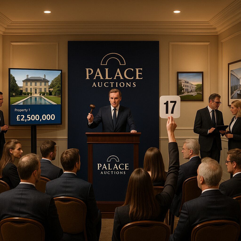 Property for sale A formal property auction is taking place. An auctioneer stands at a podium labeled "Palace Auctions," holding a gavel. A bidder raises a sign with the number 17. A screen shows a property image and current bid of £2,500,000, highlighting expert property auction services. Presented by Palace Auctions