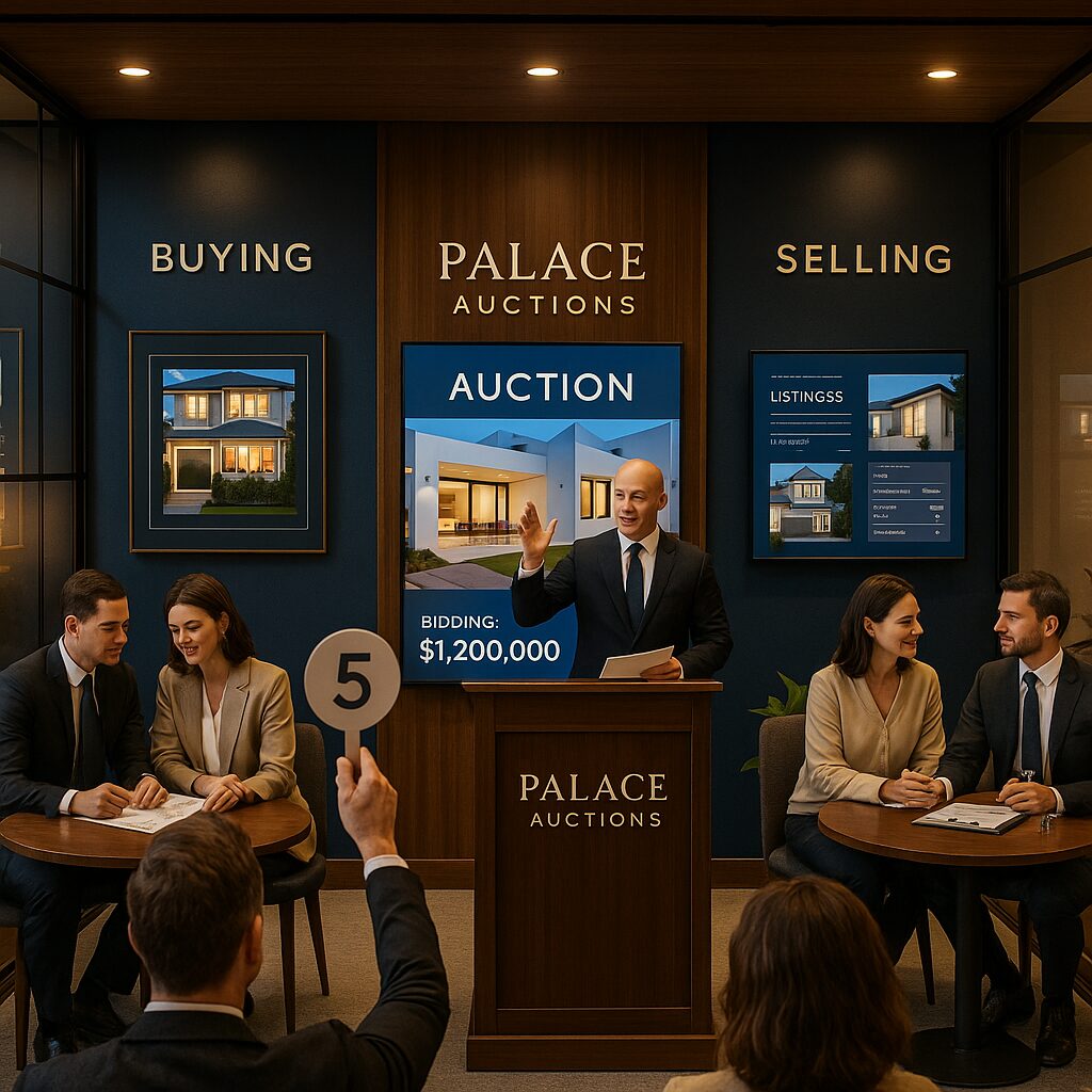 Property for sale A real estate auction is in progress at Palace Auctions, showcasing their property auction services. A man at a podium calls bids while attendees sit at tables; one person holds up a “5” paddle. Display screens show listings and the current bid of $1,200,000. Presented by Palace Auctions