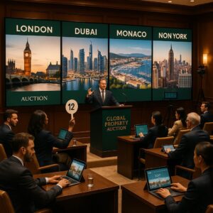 Property for sale An auctioneer stands at a podium labeled "Global Property Auction," with several people bidding in a room. Large screens display properties worldwide, highlighting cross-border property auctions and international auction house services for eager bidders. Presented by Palace Auctions