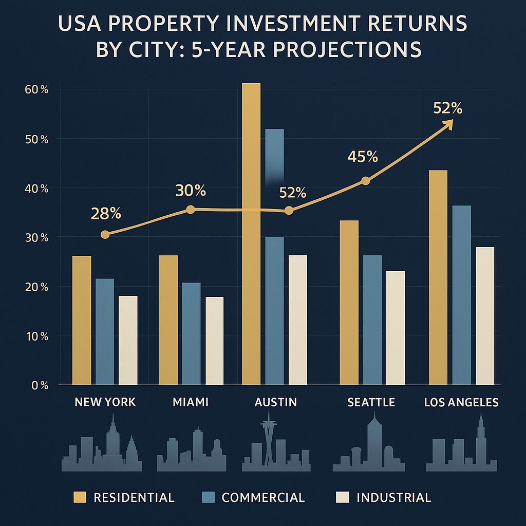 Property for sale Bar and line graph comparing 5-year projected returns for residential, commercial, and industrial property investments in top USA cities, highlighting Austin and Los Angeles with the highest USA real estate ROI. Ideal for foreign property investment USA insights. Presented by Palace Auctions