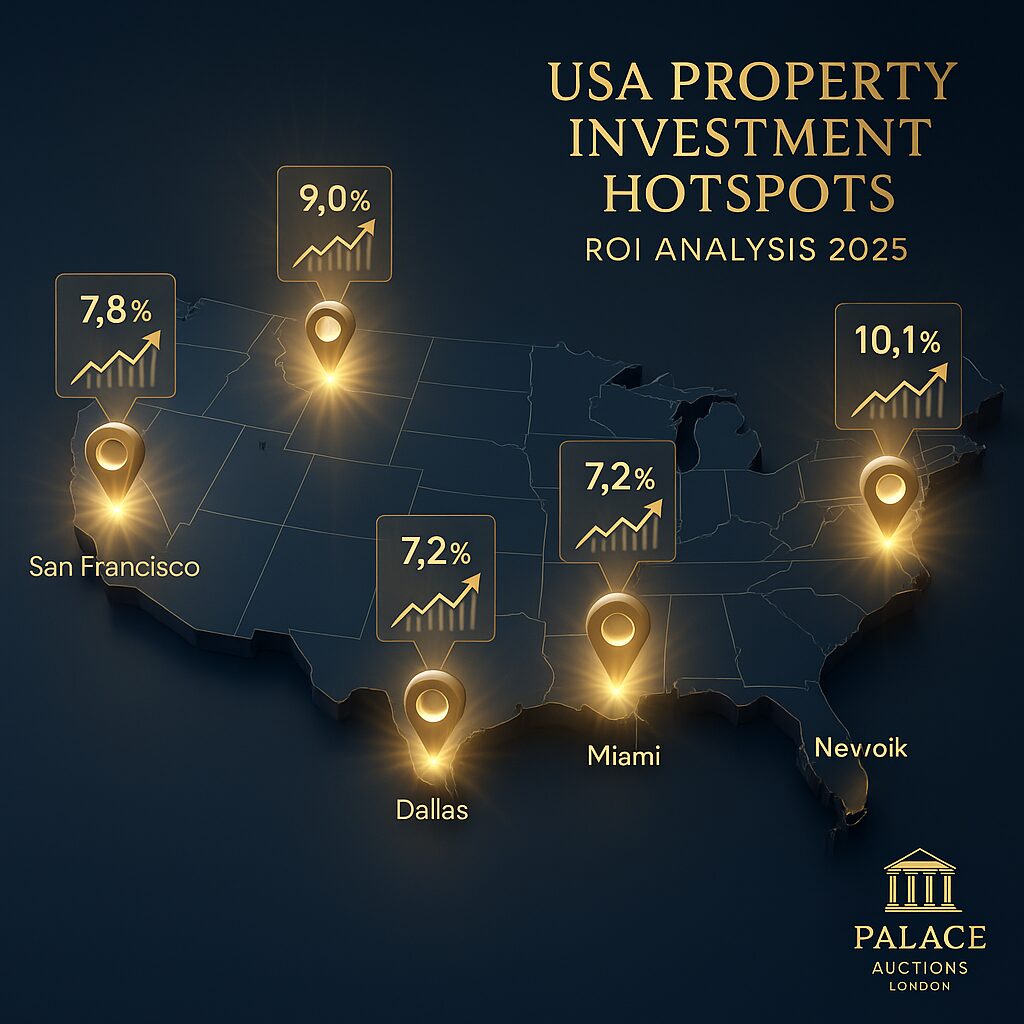 Property for sale A dark USA map highlights property investment hotspots for 2025, showing ROI: San Francisco 7.8%, Dallas 7.2%, Miami 7.2%, New York 10.1%. Golden icons and text showcase key American real estate investment returns. Presented by Palace Auctions