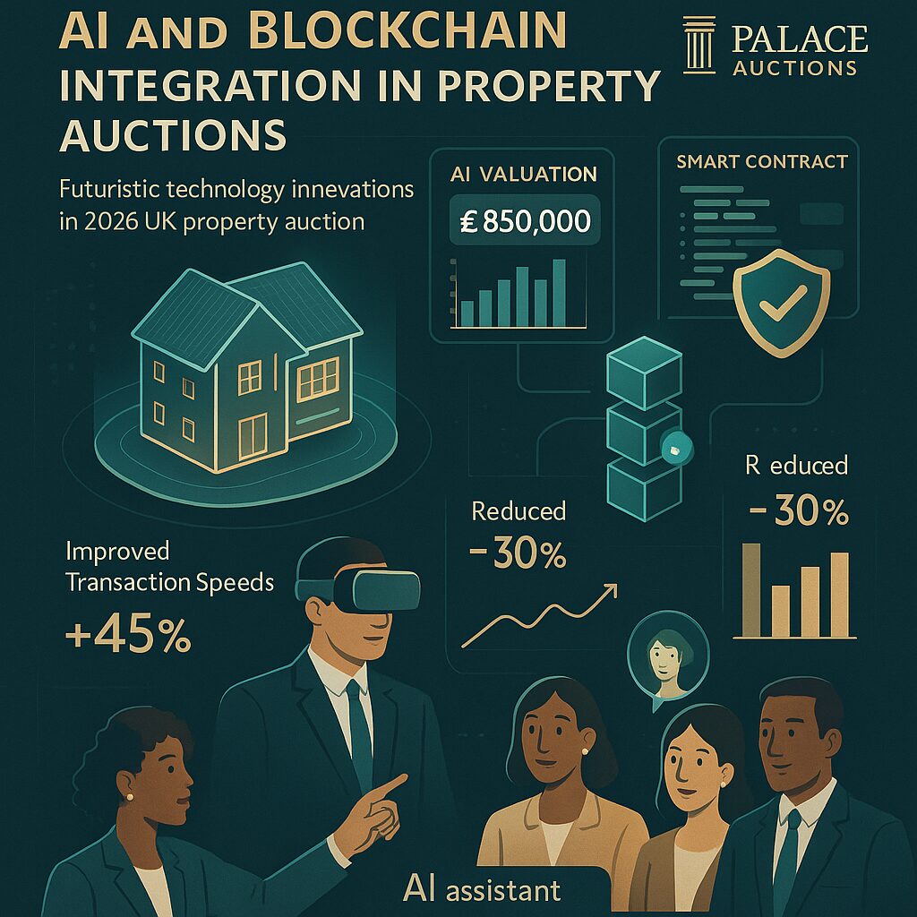 Property for sale An infographic titled "AI and Blockchain Integration in Property Auctions" shows futuristic technology in 2026 UK auctions, featuring AI valuation, buying at auction exclusive advice, smart contracts, and faster transactions with digital icons. Presented by Palace Auctions