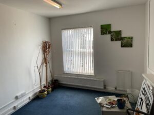 Property for sale A small, sparsely furnished room with blue carpet, white walls, a window with vertical blinds, potted plants, and pictures of green leaves—ideal as an office or study in this Eastwood investment property on Mansfield Road. A desk holds papers and a sign. Presented by Palace Auctions