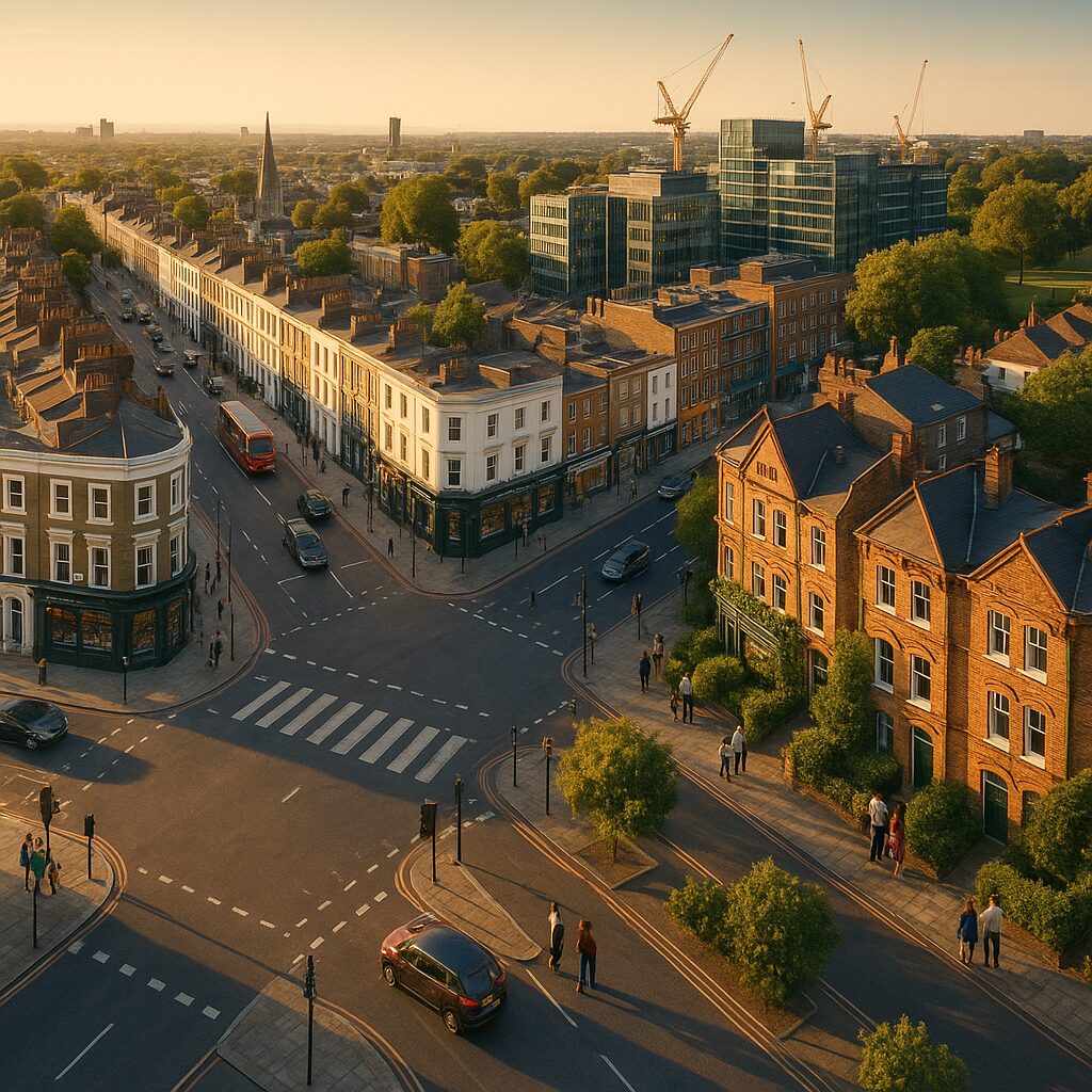 Property for sale Aerial view of a city intersection at sunset, with people walking, cars on the road, red brick buildings, white storefronts, trees, and modern glass offices—ideal scenery for exploring Islington property auctions in the vibrant heart of the city. Presented by Palace Auctions