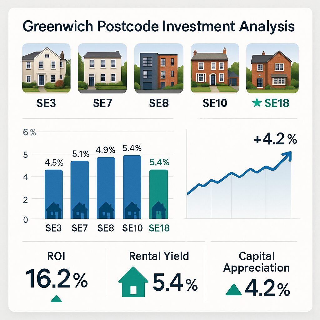 Property for sale An infographic highlights Greenwich postcode investment analysis, including houses marked SE3, SE7, SE8, SE10, and SE18. Featuring Greenwich property auctions data—SE18 boasts the highest rental yield at 5.4%, ROI of 16.2%, and 4.2% capital appreciation. Presented by Palace Auctions