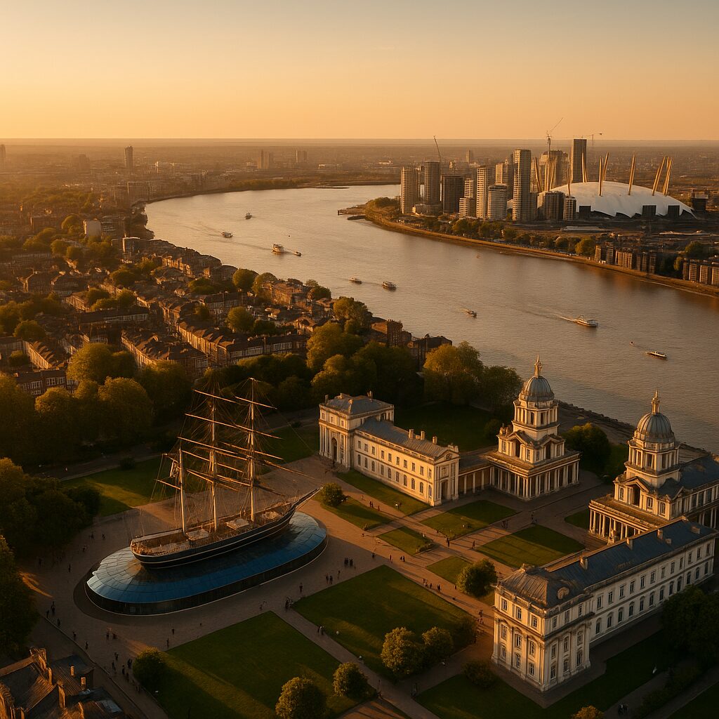 Property for sale Aerial view of the Greenwich area in London at sunset, showcasing the Cutty Sark ship, historic buildings, and the River Thames—an inspiring location for those interested in Greenwich property auctions with Canary Wharf's skyline on the horizon. Presented by Palace Auctions