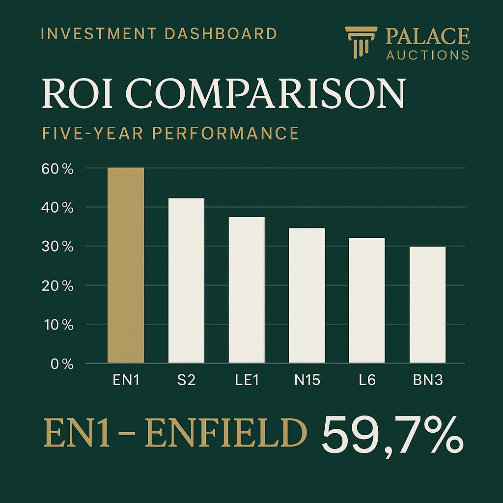 Property for sale Bar chart showing five-year ROI comparison of different investments: EN1 (59.7%), S2, LE1, N15, L6, and BN3. EN1 – Enfield leads in ROI. Image branded "Palace Auctions," perfect for those interested in Enfield property auctions. Presented by Palace Auctions