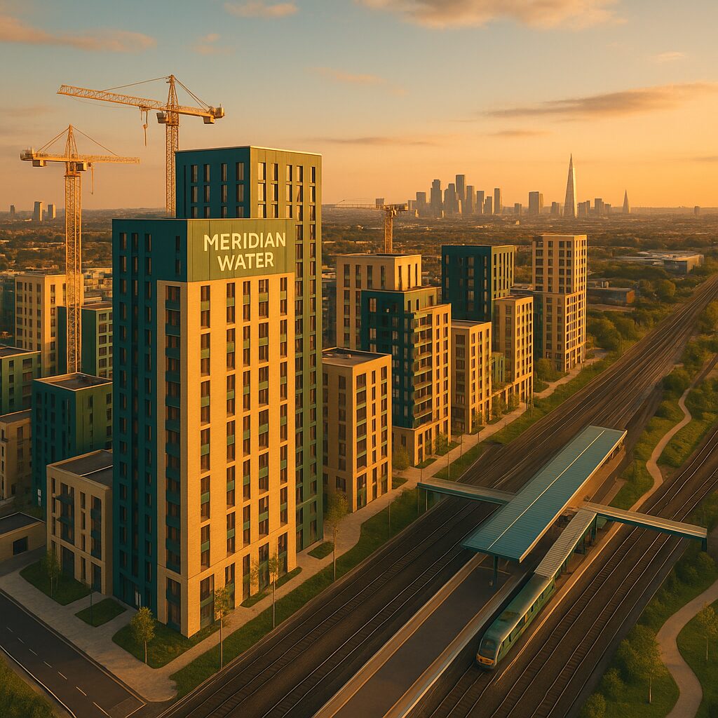 Property for sale Aerial view of modern high-rise Meridian Water apartments near a train station, with construction cranes and the London skyline visible at sunset—an exciting opportunity for those interested in Enfield property auctions. Presented by Palace Auctions