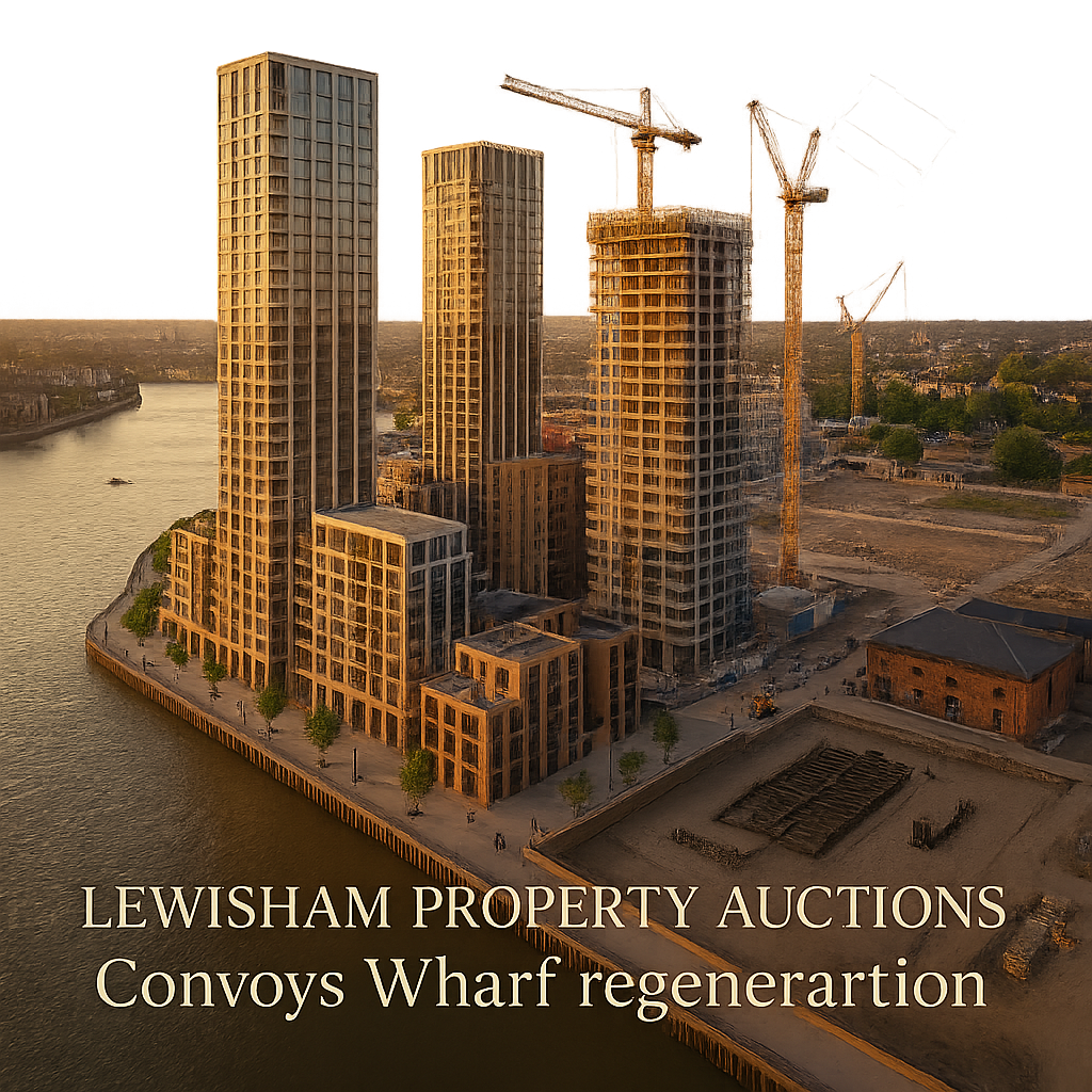 Property for sale Aerial view of new high-rise buildings and cranes at Convoys Wharf by the river at sunset, with text: "Lewisham Property Auctions: Exciting Convoys Wharf regeneration. Presented by Palace Auctions