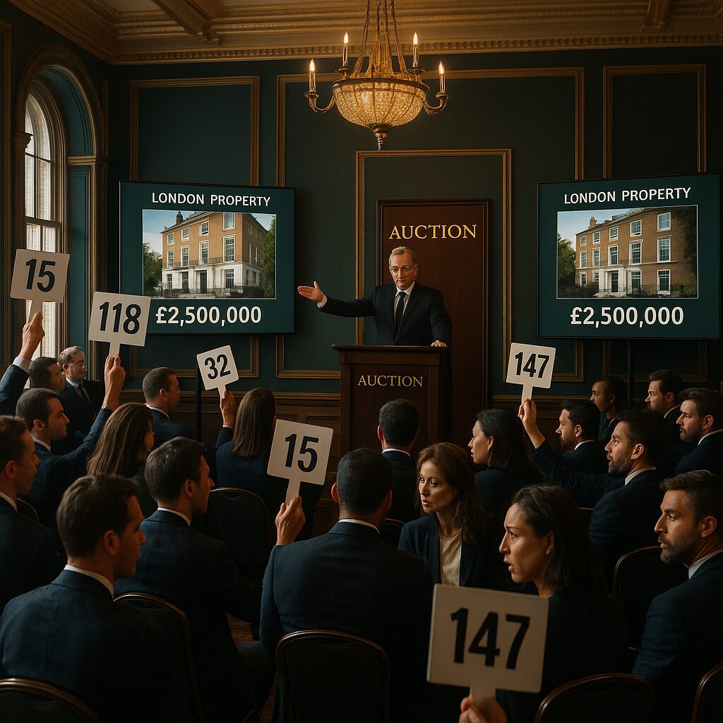 London property auctions online In a formal London Property Auctions scene, bidders raise numbered paddles as the auctioneer at the podium announces £2,500,000 for a London property displayed on two screens behind him. Presented by Palace Auctions
