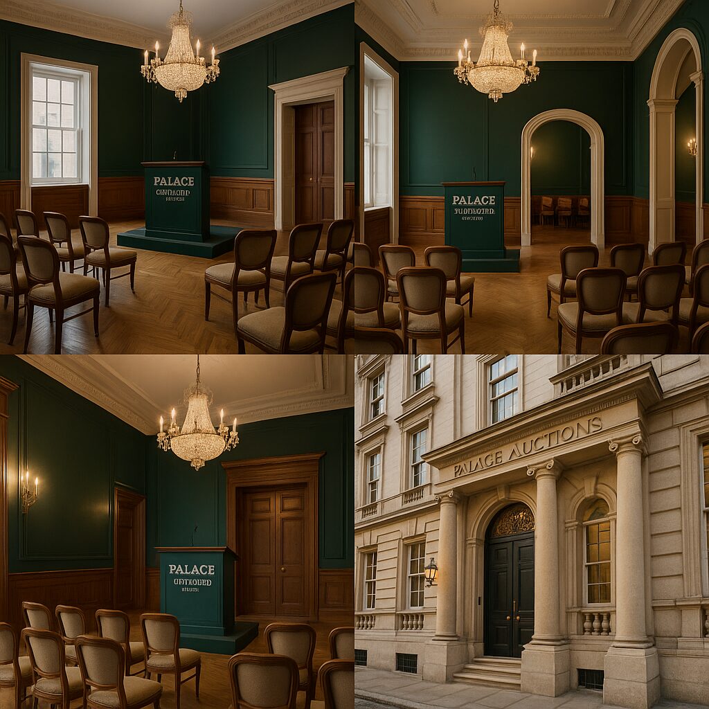 Property for sale Four images: three of an elegant auction room with chandeliers, green walls, wooden panels, and arranged chairs facing a “Palace Auctions” podium; one of the building’s classic stone exterior labeled “Palace Auctions”—a nod to London property auctions online. Presented by Palace Auctions